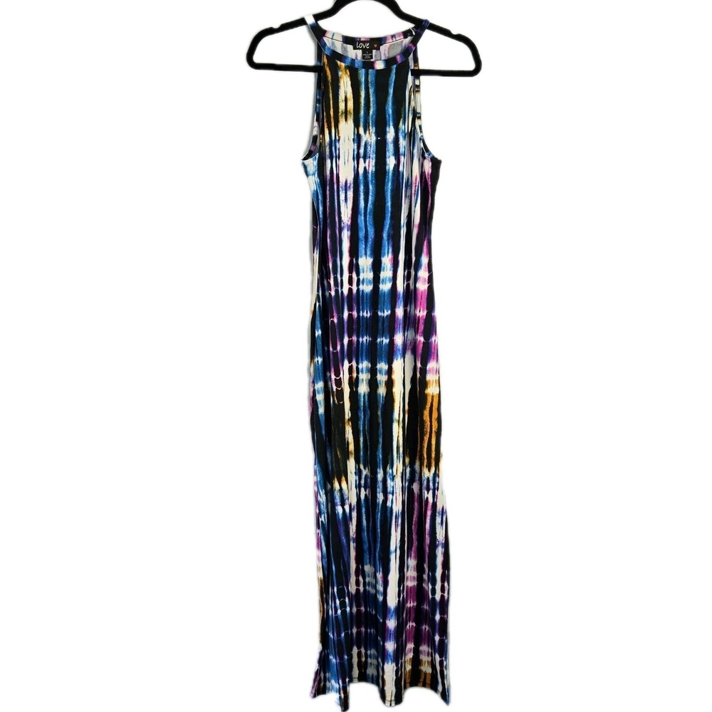 Love High Neck Tie Dye Column Maxi Dress Large Side Slit Retro Y2K Indie Boho